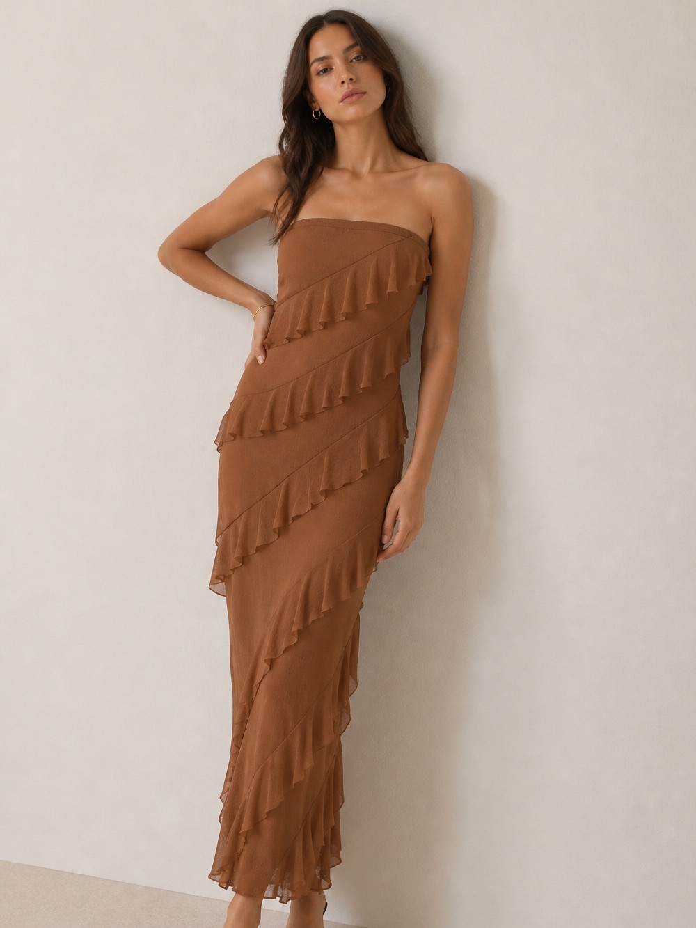 Strapless Ruffle Brown Maxi Dress| Elegant Wedding Guest | Formal | Bodycon